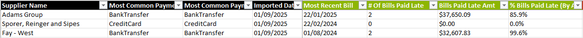 A section of the Supplier Analysis tab from the Excel report that displays the columns related to bills.