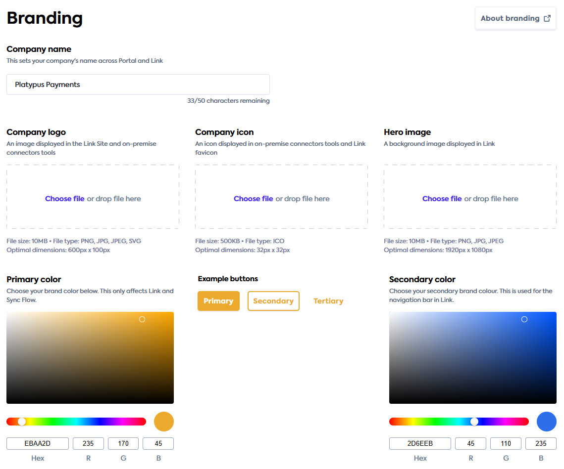Branding settings screen with company name, logo, icon, hero image and color picker displayed